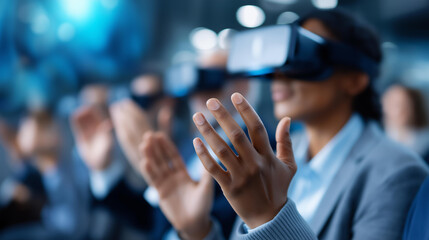 Tech experts present VR and AI tech at a summit showcasing business applications with VR gear on generic demo screens a digital display with virtual visuals an engaged