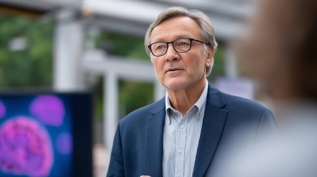 An IT company CEO speaks at an AI expo sharing neural implant insights on generic slides a digital screen showing EEG headsets an engaged audience AI neural implants tech