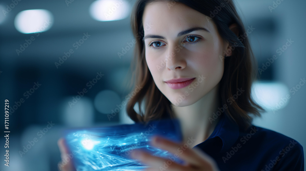 Poster a woman uses an ai chatbot to generate sci fi spaceship designs for video games on a generic concept