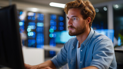 A computer scientist uses AI on an PC for server room diagnostics on a generic diagnostic interface processing datasets screens showing training visuals server racks glowing