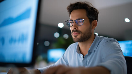 A close up of an IT specialist in a tech startup uses AI on an PC to optimize performance on a generic tuning console training deep learning models screens glowing with