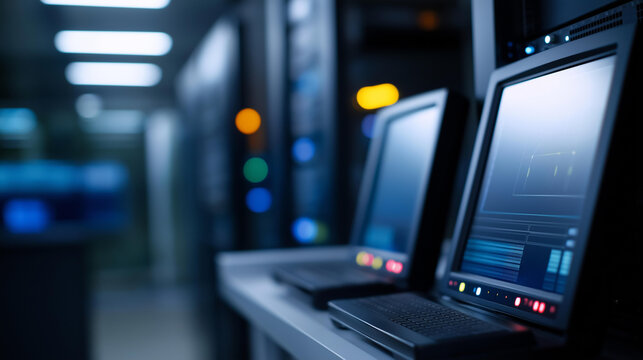 Monitors in a data center display generic node tree programming (no branded software) detecting equipment malfunctions server racks glowing screens showing system health node - Powered by Adobe