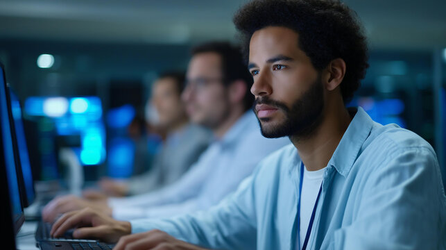 Data center programmers collaborate optimizing neural network AI databases on generic database consoles screens showing algorithm improvements server racks glowing AI database