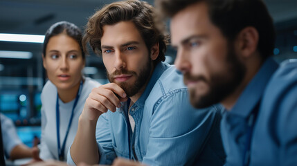 Server farm engineers brainstorm around a table analyzing AI visualization dashboards on generic screens to reduce failures data graphs visible server racks in the background