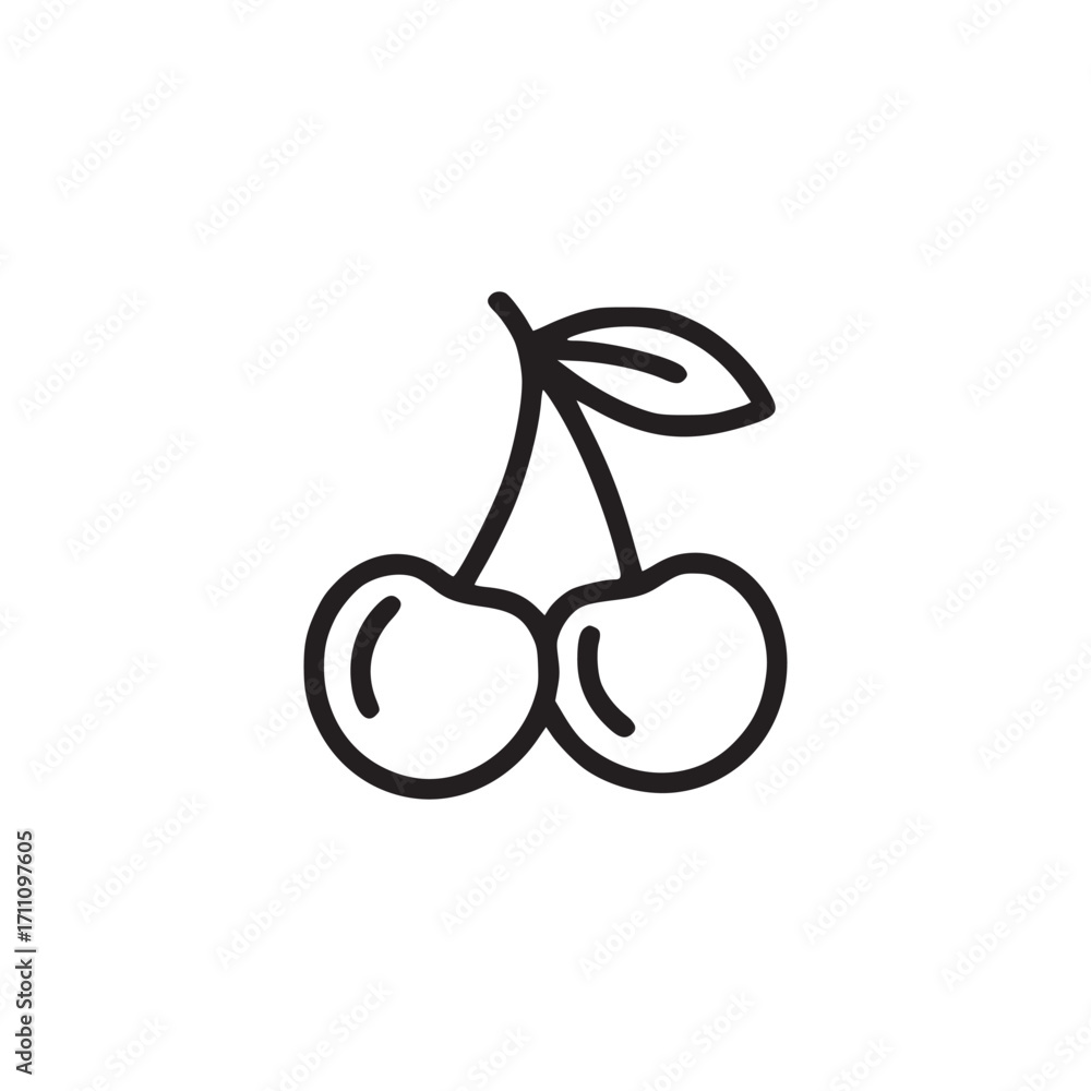 Poster illustration of two cherries with a leaf, the cherries are drawn in a simple, minimalist style with 
