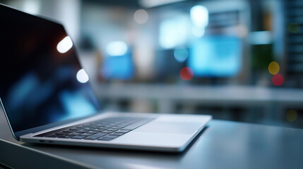 A close up of an laptop used by data center scientists AI neural networks running in the blurry background on generic compute monitors screens showing computing processes