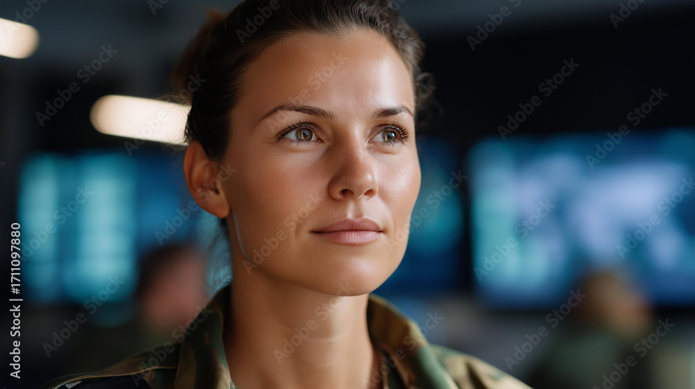 Poster an army software engineer in a command post codes ai brain systems on generic consoles; uniform feat