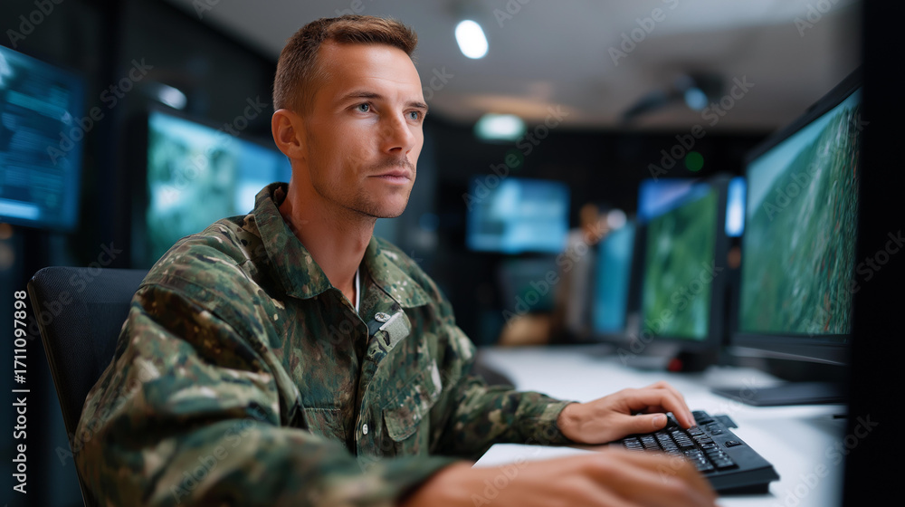 Poster an army soldier in a control room uses ai on an pc for cctv surveillance on a generic monitoring con
