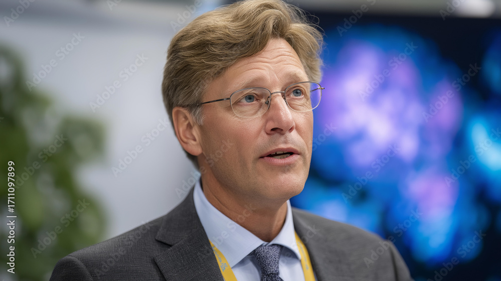 Poster an it company ceo speaks at an ai expo sharing neural implant insights on generic slides a digital s