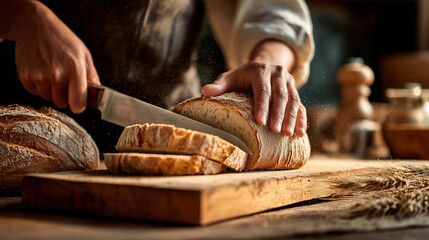 Hands Slicing a Loaf of Bread on a Wooden Cutting Board