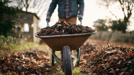 Man Pushing a Wheelbarrow Filled with Compost