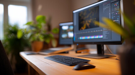 A creative workspace with dual monitors for graphic designers using AI chatbots for content creation on generic editing tools screens showing photo editing panels a cozy studio