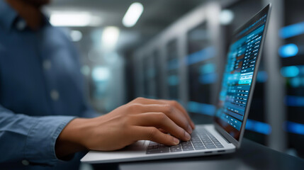 Engineers use AI cognitive computing on laptops to extract data insights on generic calculation panels screens showing complex calculations a data center with server racks