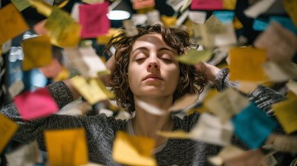 Woman Surrounded by Sticky Notes Looking Overwhelmed