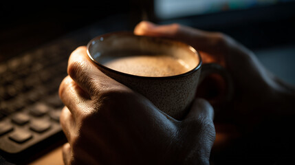 Close-Up of Hands Gripping a Coffee Cup Tightly During Late-Night Work