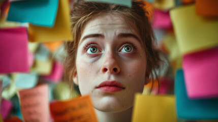 Woman Surrounded by Sticky Notes Looking Overwhelmed