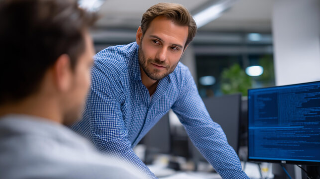An AI startup&rsquo;s chief technology officer leans over a programmer&rsquo;s desk offering advice on application coding screens showing machine learning models on generic dashboards a