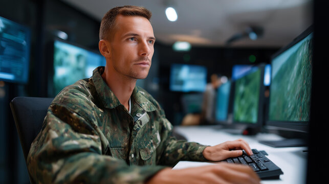 An army soldier in a control room uses AI on an PC for CCTV surveillance on a generic monitoring console processing live satellite style data screens showing mission analytics