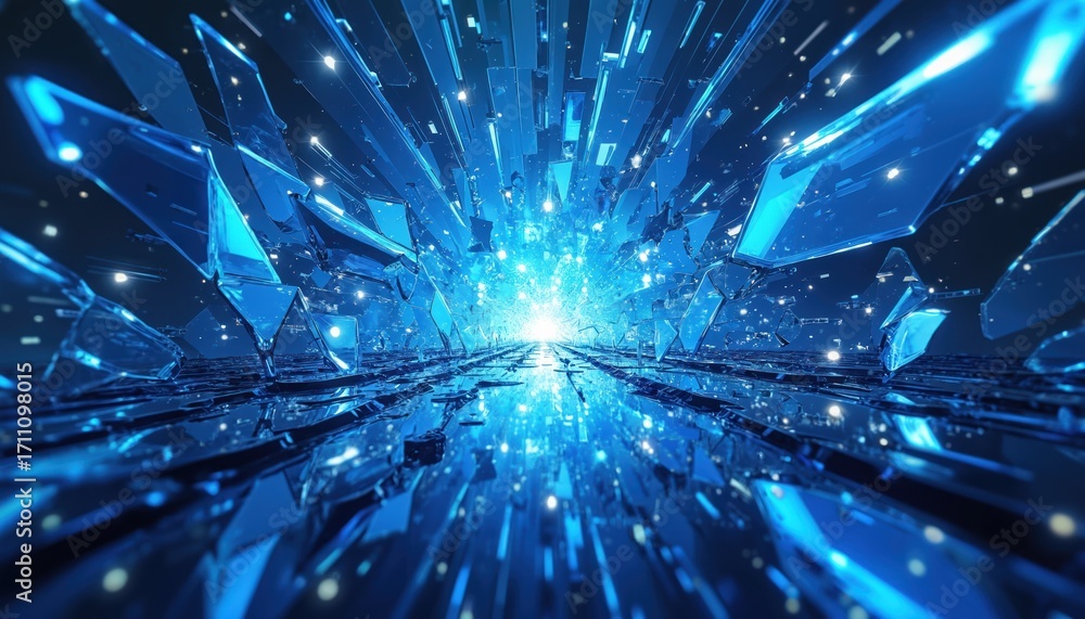 Poster abstract blue crystal shards explode forward into bright light. sharp geometric fragments fly out fr