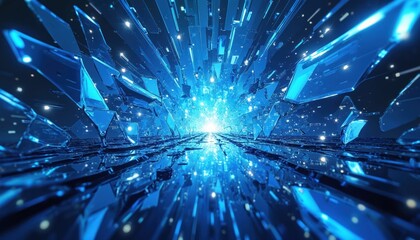 Fototapeta premium Abstract blue crystal shards explode forward into bright light. Sharp geometric fragments fly out from tunnel creating motion and speed. Futuristic tech background, digital energy burst.