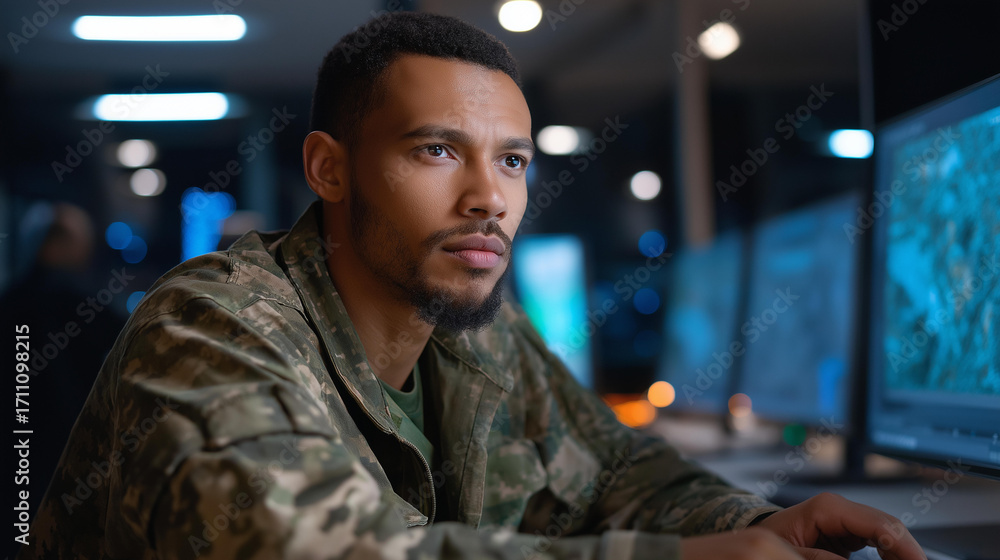 Poster an army soldier in a control room uses ai on an pc for cctv surveillance on a generic monitoring con