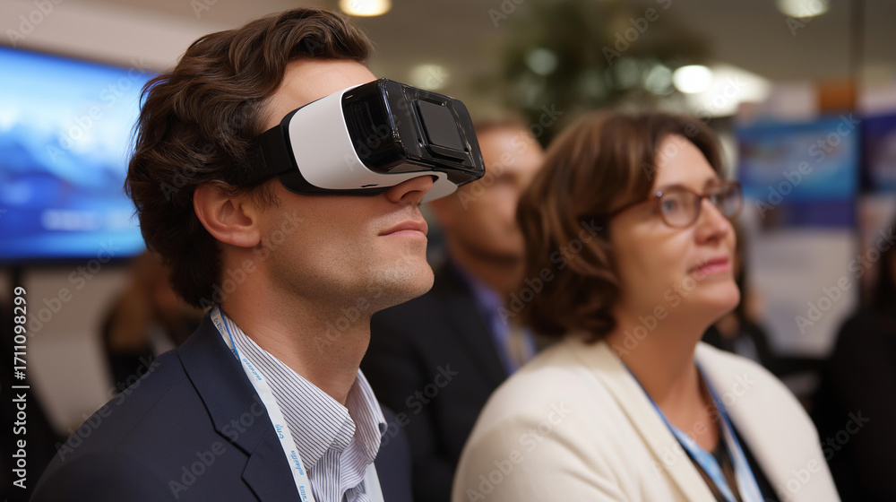 Poster tech experts present vr and ai tech at a summit showcasing business applications with vr gear on gen