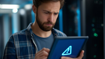 A data center programmer sees a critical error on an tablet using generic node graph software a glitch popup warning on screen server racks flashing AI error detection node