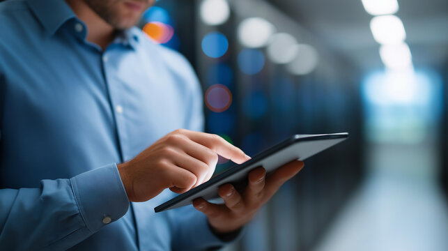 A data center engineer uses AI visualization tools on an tablet to detect performance anomalies on generic real time dashboards server racks glowing AI anomaly detection data - Powered by Adobe
