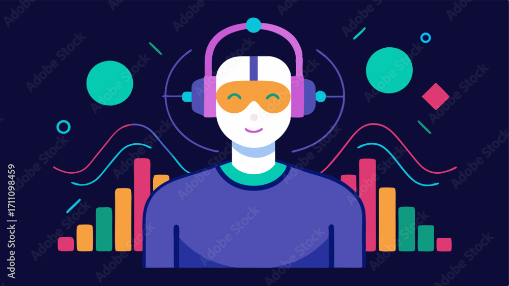 Poster Brainwave Visualization An illustration showing a biohacker with a headset surrounded by glowing waveforms and colorful graphs above their head representing brainwave activity.