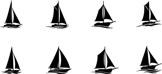 Sail boat logo silhouette vector design, sail boat logo icon silhouette, sailboat sailing ship logo vector illustration, sailboat and sailing ship vector silhouette logo design on white background	