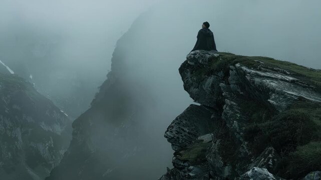 Solitary figure sits atop foggy, rocky outcropping, contemplating nature and the vastness of their surroundings.