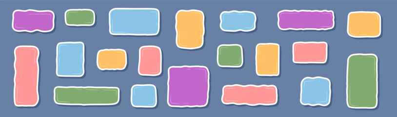 Hand drawn sticker set with organic color and cartoon graphic style. Rectangle label patch badge in playful frame background. Unique text element collection for creative note, colorful label or