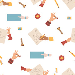 Flat mail seamless pattern background style. Letter and envelope with stamp, paper, pen, hand, seal. Pattern of hold and mail, creative stationery for background communication template.