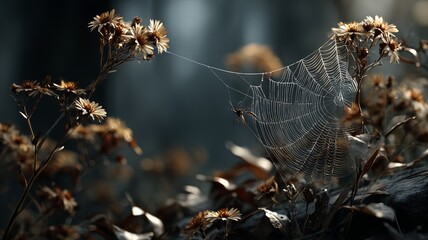 Morning dew glistens on a spiderweb, intricately woven among dried flowers and leaves. The image captures nature&rsquo;s artistry, fragility, and quiet beauty.