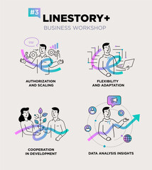 Set of illustrations people are holding a workshop. Workflow, growth, graphics. Business development, milestones, start-up. linear illustration Icons infographics. Landing page site print poster. Line