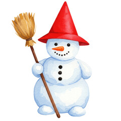 Snowman in red hat holding a broom, isolated watercolor