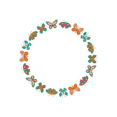 Groovy y2k butterfly circle border in spring pattern style. Colorful floral frame, retro nature detail and contemporary graphic for unique backgrounds or creative projects.