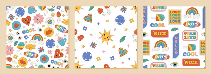 Groovy retro seamless cartoon pattern set blends happy and cute elements with a colorful y2k background. Funky flowers, sun, rainbow, and heart shape create playful style for creative pattern