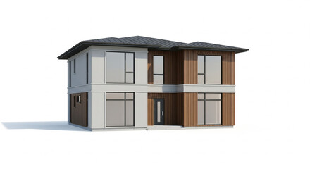 Contemporary Two-Story House with Wooden Accents on Isolated transparent background