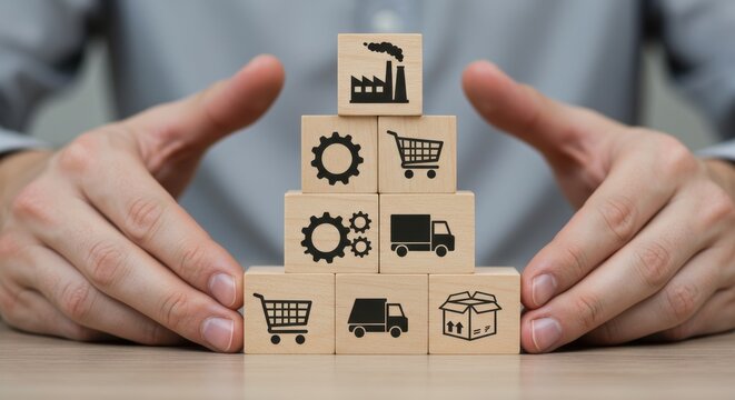 Conceptual model of supply chain management with a business professional organizing wooden blocks representing production, logistics, and distribution