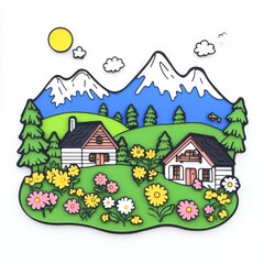 Colorful Landscape with Two Cozy Houses, Mountains, Trees, and Flowers