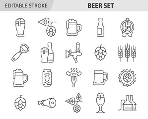 Beer line icon set. Vector collection symbol with mug of beer, hop cone, barley ear,  sausage, barrel, knuckle, opener, bottle. Editable stroke.
