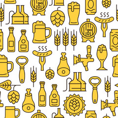 Beer line seamless pattern. Vector background with mug of beer, hop cone, sausage, barley ear, barrel, opener, bottle. Oktoberfest texture.