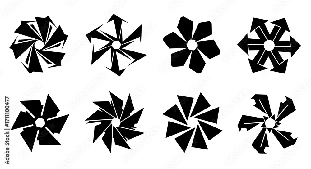 Poster geometric patterns array featuring eight abstract shapes with radial symmetry and angular elements