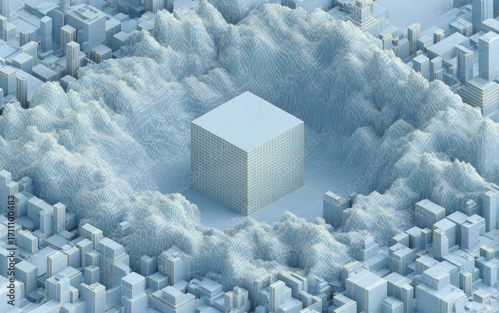 Aufkleber abstract cityscape with a central cube representing modern architecture