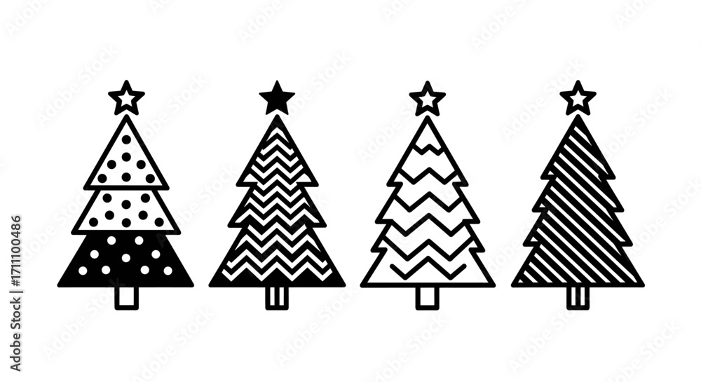Poster four christmas trees with stars and different patterns in a horizontal arrangement on a white plane