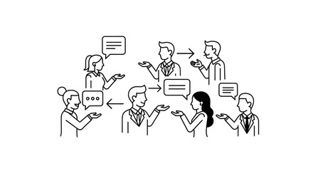 Network of people communicating with speech bubbles and arrows connecting them all together