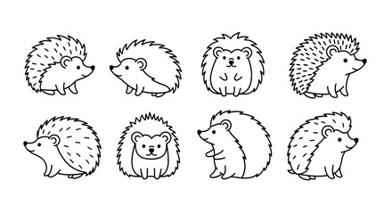 Fototapeta premium Collection of eight cartoon hedgehog illustrations in various poses and orientations