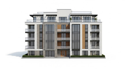 Modern multi-story apartment building with balconies and large windows, isolated transparent background.