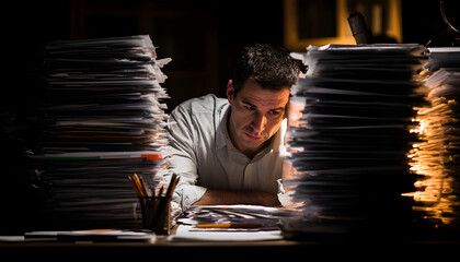 a man hard working with a lot of paper on work table